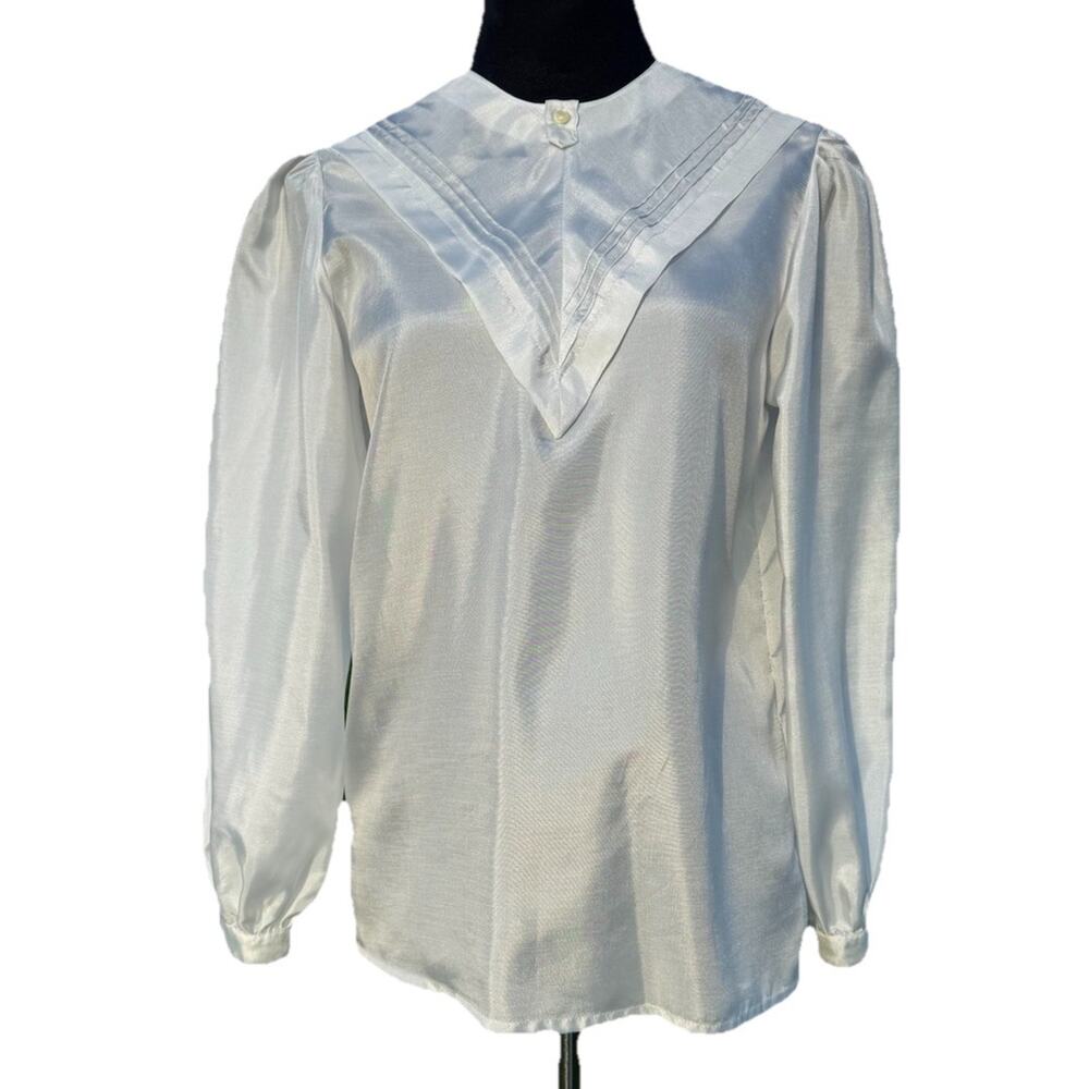 Vintage Gemini Chell White Satin Secretary Blouse Puff Sleeve Japan Size S